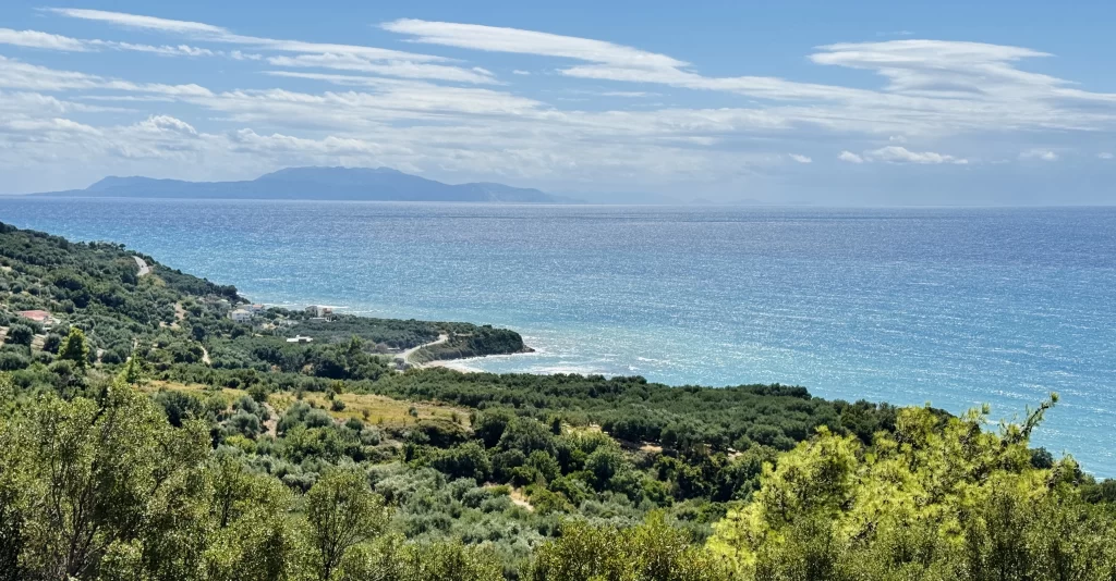 The view from a petrol station of the sea just outside Parga