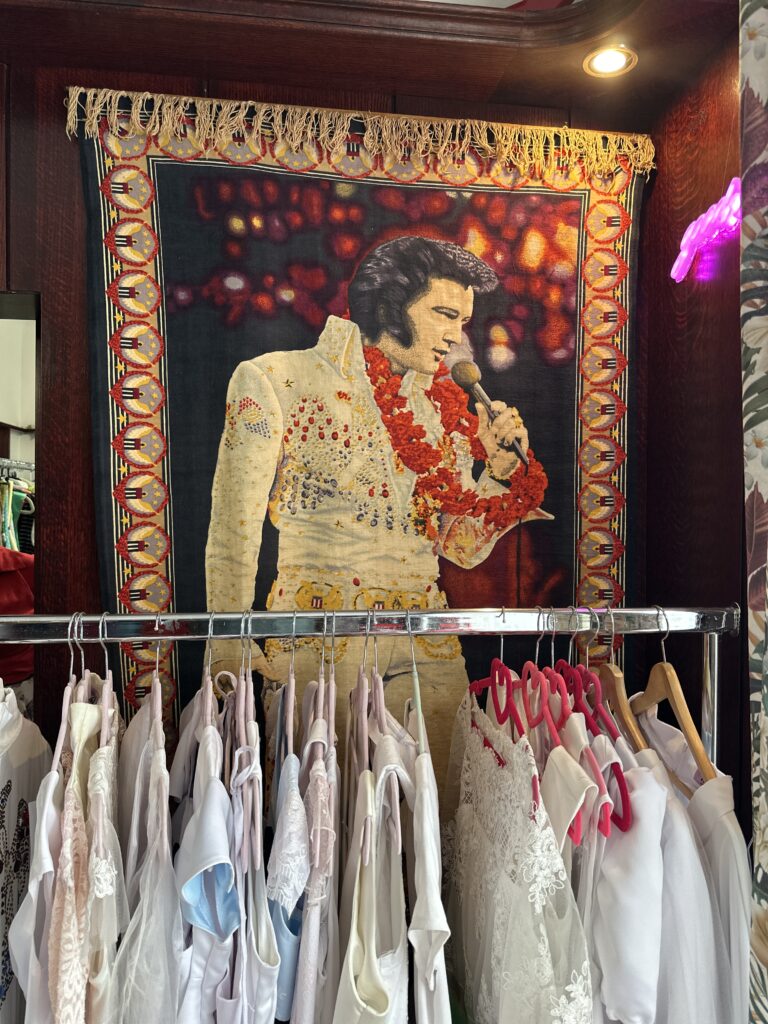 Stefánia Ágoston's salon is very extravagant with a big Elvis picture on the wall.