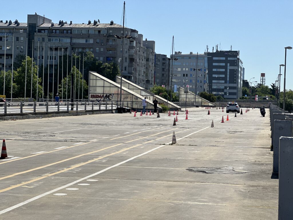 View of a roof top car park of the Belgrade arena.