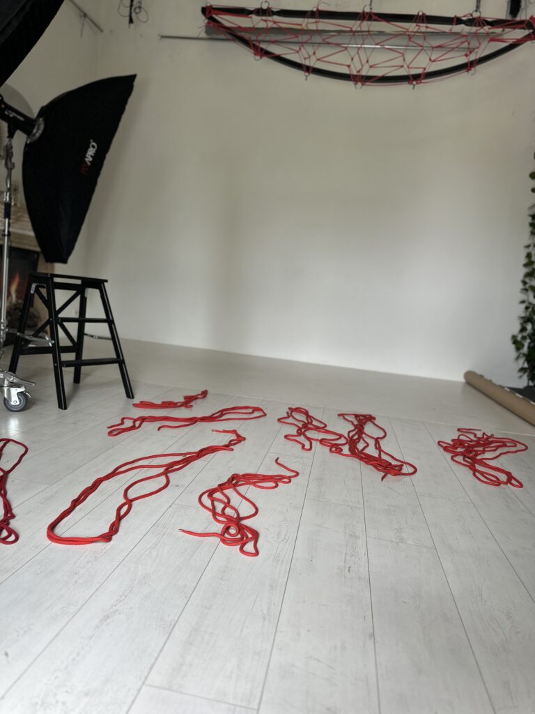 Lights with soft box and red ropes on the floor of the photo studio.