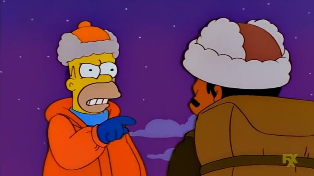 Scene from a cartoon where Homer Simpson pointing at a Sherpa heavily explaining something.