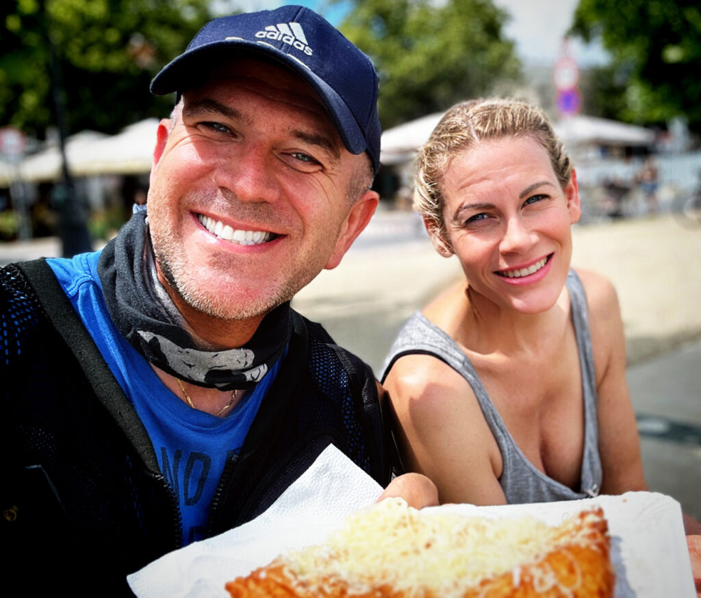 Rag and SophieS selfie posing with a lángos in Szentendre, Hungary.