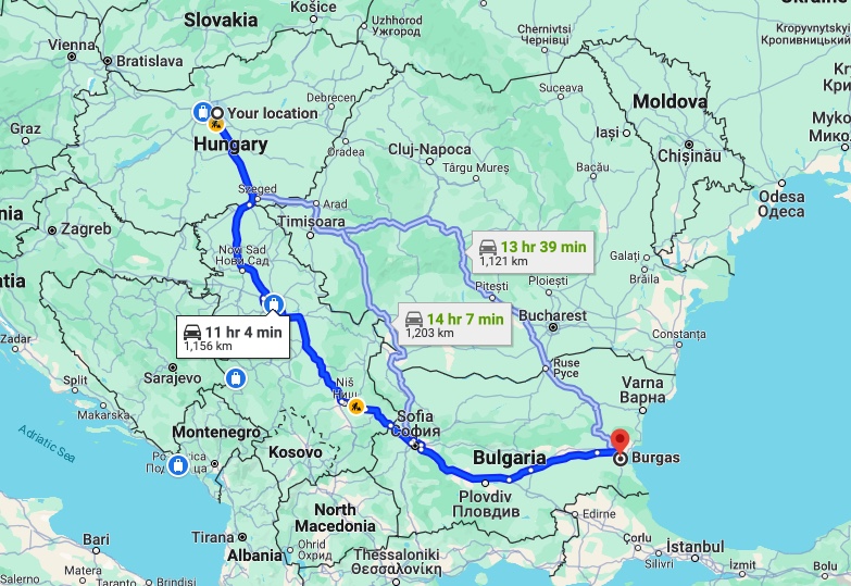 Map of the Balkans, showing the first week of our planned route going down to Bulgaria.