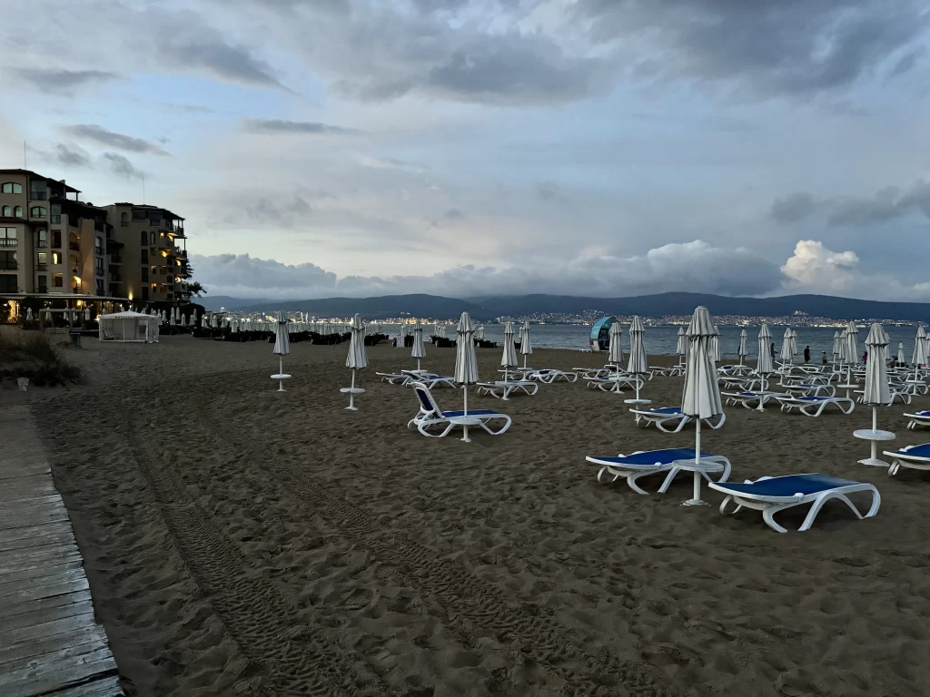 An evening walk on the beach at Sunny Beach, Bulgaria