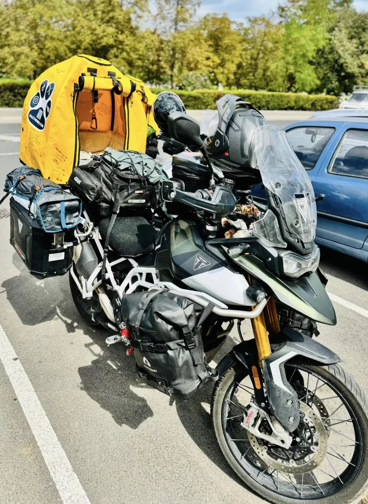 We stopped to buy tents for our trip at a Decathlon on Burgas, Bulgaria. The gear on our bike continues to grow