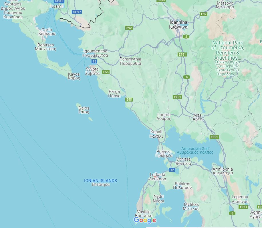 Google maps kivonata. Lefkada és Ioannina közötti szakasz demonstrálására.