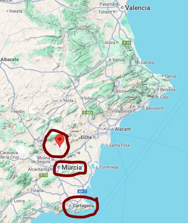 Google térkép, ami mutatja Fortuna, Murcia és Cartagena távolságát.