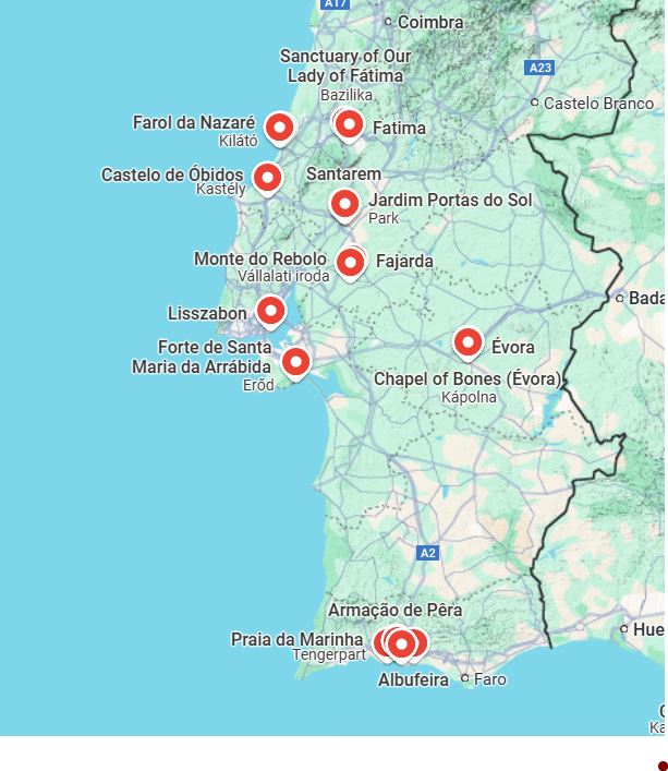 Portugália térképe, jelölve az általunk meglátogatott helyeket.