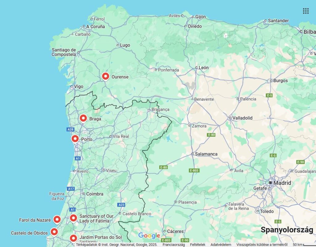 Észak-Portugália térképe, megjelölve rajta Porto, Braga és Ourense.