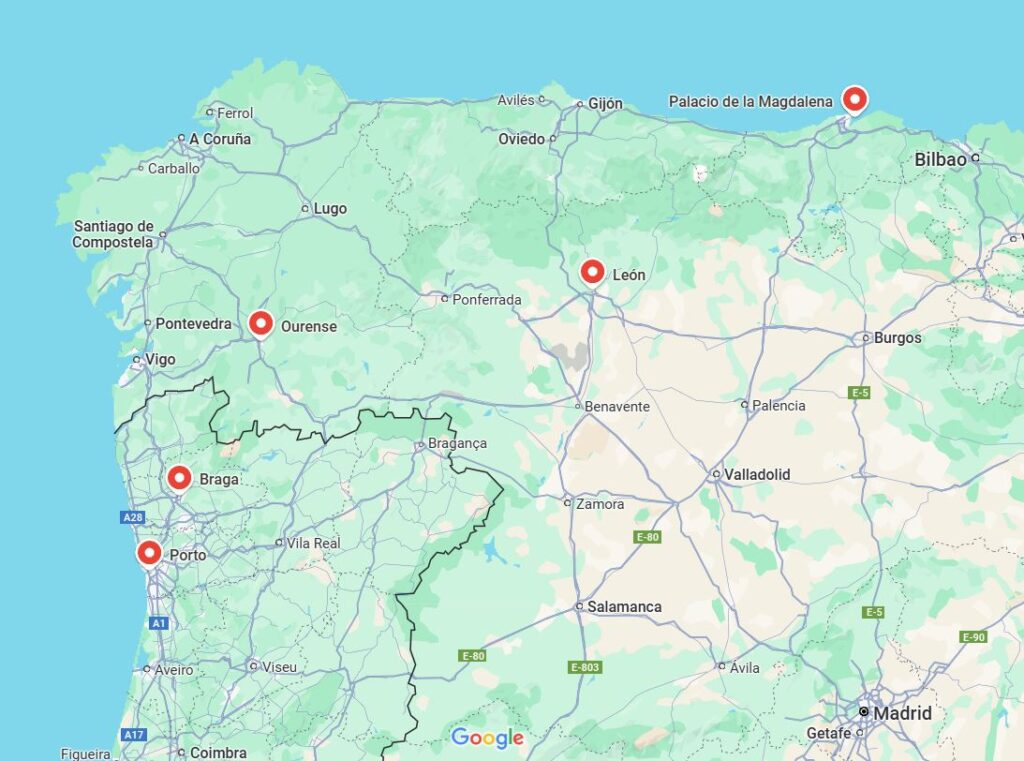 Google térképkivonat az Észak-Spanyol helyszínekről.