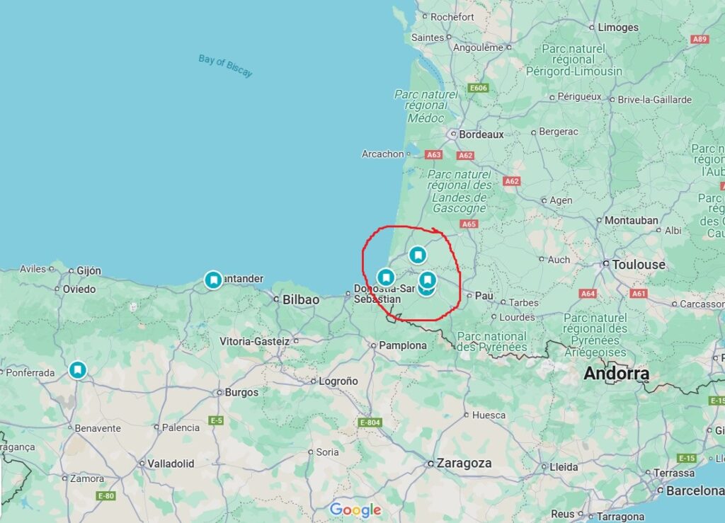 Google map, ahol bekereteztem a Dax régiót és a városokat, amiket meglátogattunk.