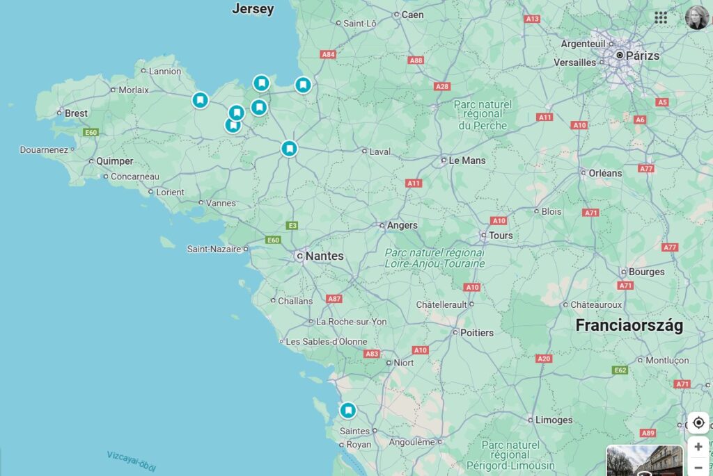 Észak-Franciaország google térképe, megjelenítve a helyeket, ahol jártunk.