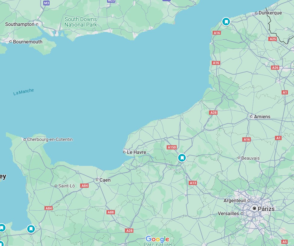 Google map kivágás Rouen és Calais megjelölésével.
