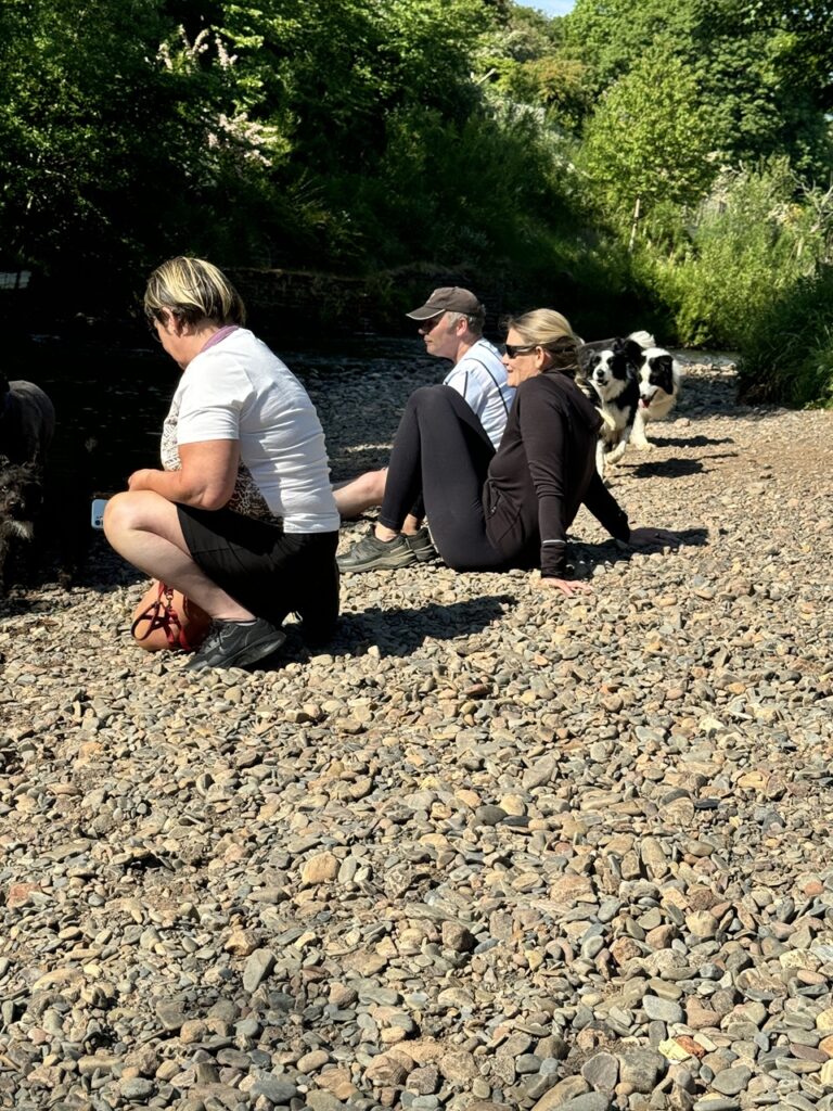 Kirándulás a folyóhoz Karennel és Alexel, ahol leültünk a partra és csak néztük, ahogy a kutyák játszanak.