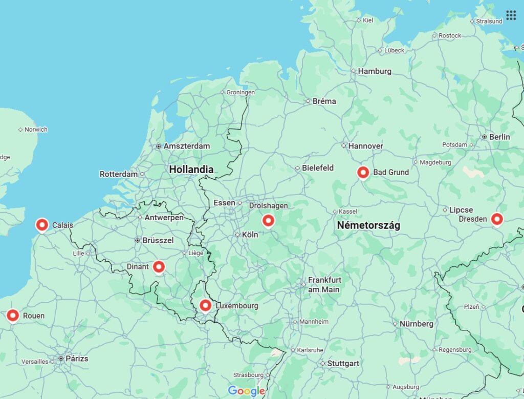 Google térképkivonat jelölve a helyeket, ahol jártunk ebben a blogban.